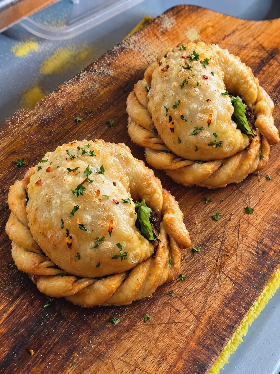 Pienos de La Ricetta recién fritos, redondos y con su borde trenzado, con perejil y chile, sobre su tabla